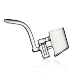 Detail of WIIDZ® Rico Puffco Proxy Glass Attachment, tilted, facing east. This puffco proxy attachment shaped like a pipe with a small water chamber.