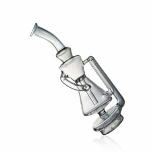 WIIDZ® Hour Glass puffco peak pro glass attachment, tilted, facing west. The recycler glass features overall hour glass shape with a long mouthpiece.