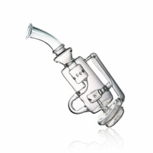 WIIDZ® Barrel puffco peak pro glass attachment, tilted, facing west. The recycler glass features double chamber in the inside and a long mouthpiece.