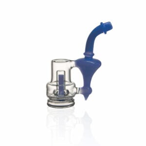 WIIDZ® Sherlock puffco peak pro glass attachment, facing east. The glass features overall pipe like shape with blue mouthpiece.