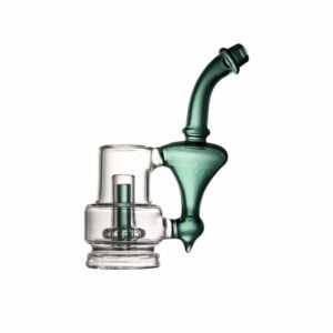 WIIDZ® Sherlock puffco peak pro glass attachment, facing west. The glass features overall pipe like shape with green mouthpiece.