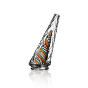 WIIDZ® Colormax puffco peak pro glass attachment facing west. The glass attachment has geometric design, diamond cut styled out chamber that is transparent, and a rainbow colored striped inner chamber