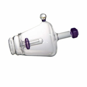WIIDZ® Titan puffco peak pro glass attachment, lying down, mouth to the east. The glass features a long mouthpiece, purple ring in the air inlet and mouth piece, a decorated glass ball is attached to the side.