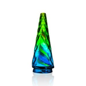 WIIDZ® Rainbow puffco peak pro glass attachment facing south. The glass attachment has geometric design, diamond cut styled out chamber with transient green blue color, and color striped inner chamber
