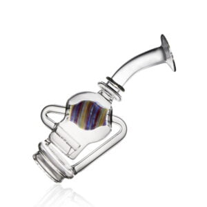 WIIDZ® Metrix puffco peak pro glass attachment, tilted, facing east. The recycler glass has a rainbow colored ball in the middle and a long neck.