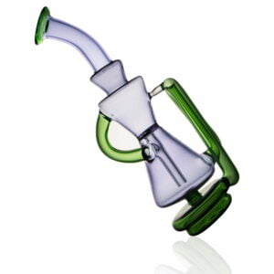 WIIDZ® Dark Elf puffco peak pro glass attachment, tilted, facing west. The recycler glass has a purple and green color combination and a long neck.