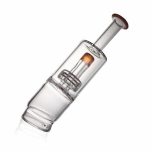 WIIDZ® Tower puffco peak pro glass attachment, tilted, facing west. This puffco glass features overall tube shape with a long mouthpiece.