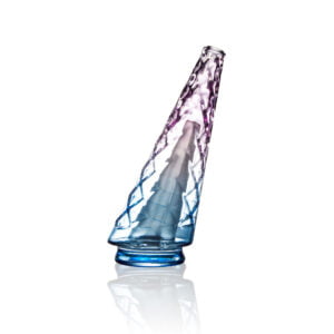 WIIDZ® Indiglow puffco peak pro glass attachment facing west. The glass shaped like the original puffco peak pro glass but with diamond cut surface and iridescent color of purple and blue, just like the Puffco Peak Indiglow Glass.