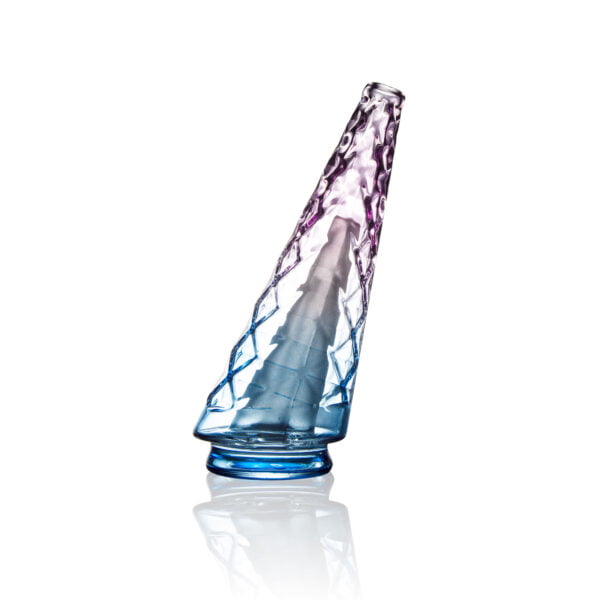 WIIDZ® Indiglow puffco peak pro glass attachment facing west. The glass shaped like the original puffco peak pro glass but with diamond cut surface and iridescent color of purple and blue, just like the Puffco Peak Indiglow Glass.