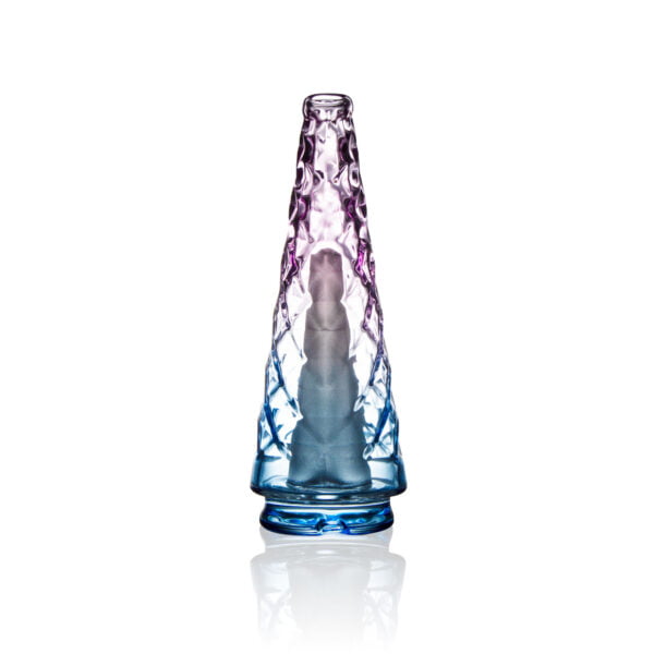 WIIDZ® Indiglow puffco peak pro glass attachment facing north. The glass shaped like the original puffco peak pro glass but with diamond cut surface and iridescent color of purple and blue, just like the Puffco Peak Indiglow Glass.