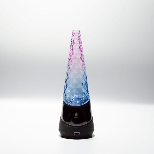 WIIDZ® Indiglow puffco peak pro glass attachment installed on puffco peak, facing south. The glass shaped like the original puffco peak pro glass but with diamond cut surface and iridescent color of purple and blue, just like the Puffco Peak Indiglow Glass.