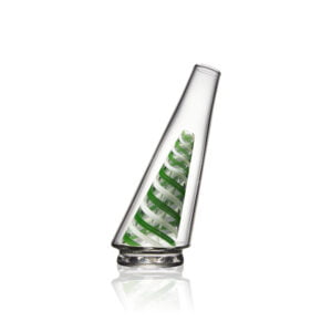 WIIDZ® Green twist puffco peak pro glass attachment, facing west. The glass shaped like OG peak glass, featuring the swirled green-white stripe on the inner chamber.