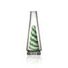 WIIDZ® Green twist puffco peak pro glass attachment, facing north. The glass shaped like OG peak glass, featuring the swirled green-white stripe on the inner chamber.
