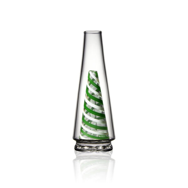 WIIDZ® Green twist puffco peak pro glass attachment, facing north. The glass shaped like OG peak glass, featuring the swirled green-white stripe on the inner chamber.