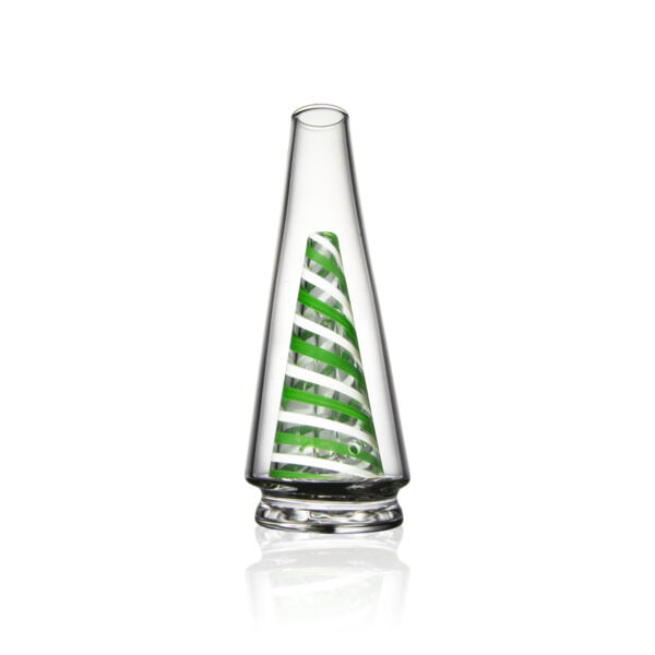 WIIDZ® Green twist puffco peak pro glass attachment, facing south. The glass shaped like OG peak glass, featuring the swirled green-white stripe on the inner chamber.