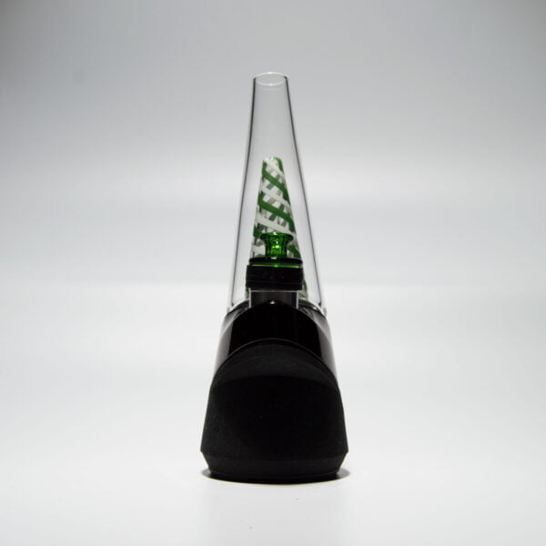 WIIDZ® Green twist puffco peak pro glass attachment installed on puffco peak, facing north under natural light. The glass shaped like OG peak glass, featuring the swirled green-white stripe on the inner chamber.