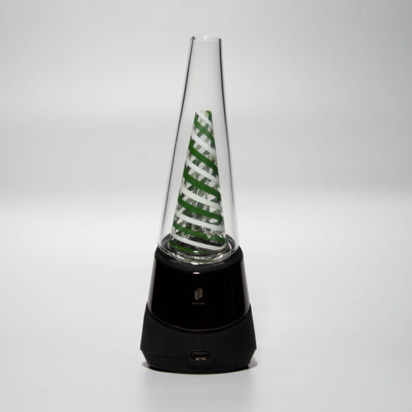 WIIDZ® Green twist puffco peak pro glass attachment installed on puffco peak, facing south under natural light. The glass shaped like OG peak glass, featuring the swirled green-white stripe on the inner chamber.