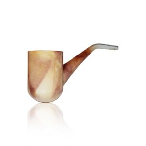 45 Degree angle view of WIIDZ® Cosmic puffco proxy glass attachment - Saturn, it's a brown glass pipe with a rounded mouthpiece on one end and a flattened, tapered end on the other, with brown cosmic patterned coating.