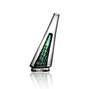 WIIDZ® Original 2.0 puffco peak pro glass attachment, facing west. The glass shaped like the original new puffco peak pro V2 glass, but with emerald colored inner chamber.