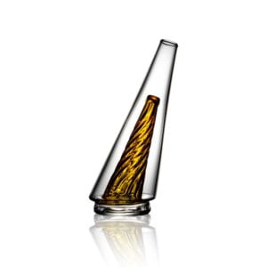 WIIDZ® Original 2.0 puffco peak pro glass attachment, facing west. The glass shaped like the original new puffco peak pro V2 glass, but with yellow colored inner chamber.