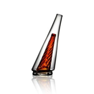 WIIDZ® Original 2.0 puffco peak pro glass attachment, facing west. The glass shaped like the original new puffco peak pro V2 glass, but with amber colored inner chamber.