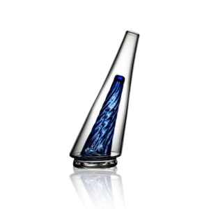 WIIDZ® Original 2.0 puffco peak pro glass attachment, facing west. The glass shaped like the original new puffco peak pro V2 glass, but with sapphire colored inner chamber.