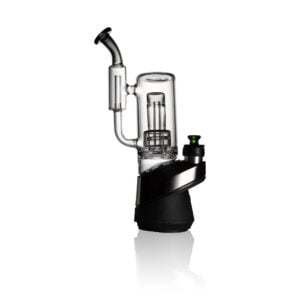 WIIDZ® Badger puffco peak pro glass attachment installed on puffco peak, facing west. The attachment has a rounded base, a cylindrical chamber in the middle, and a flared mouthpiece at the top.