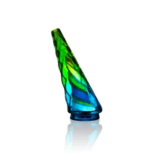 A colorful WIIDZ rainbow glass attachment for a Puffco Peak Pro, positioned facing west.