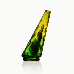 A Puffco Peak Pro glass attachment in the color "Wiidz Dawn," positioned facing west, showcasing its unique design and vibrant hues.