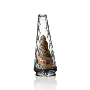 A close-up of a Puffco Peak Pro glass attachment, featuring a unique Wiidz diamond design, oriented to face north.