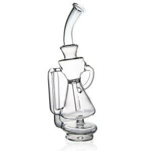 A glass attachment for the Puffco Peak Pro, designed as a Wiidz recycler, positioned facing east, showcasing its intricate design and functionality.