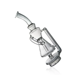 A glass attachment for the Puffco Peak Pro, featuring a Wiidz recycler design and a tilted shape, showcasing intricate details and a sleek appearance.