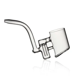 A tilted Puffco Proxy glass attachment featuring a design by Wiidz Buba, showcasing its unique shape and craftsmanship.
