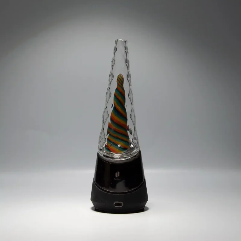 Puffco Peak Pro glass attachment installed in Wiidz, Cameroon, facing south, showcasing the unique design and features of the vaporizer.