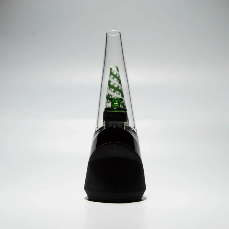 Puffco Peak Pro glass attachment in Wiidz green twist design, showcased in an installed position facing north, enhancing the aesthetic and functionality of the device.