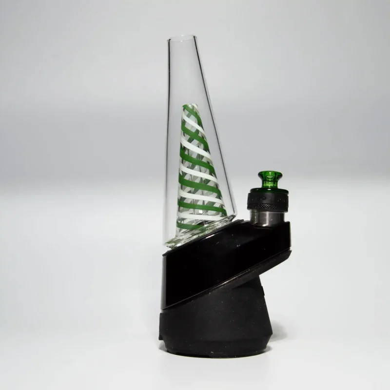 Puffco Peak Pro glass attachment in Wiidz green twist design, expertly installed and positioned facing west for enhanced aesthetic appeal.