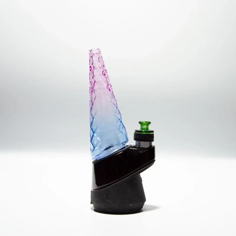 Puffco Peak glass with Wiidz Indiglow light installation viewed from the west, showcasing a stylish design and vibrant illumination.
