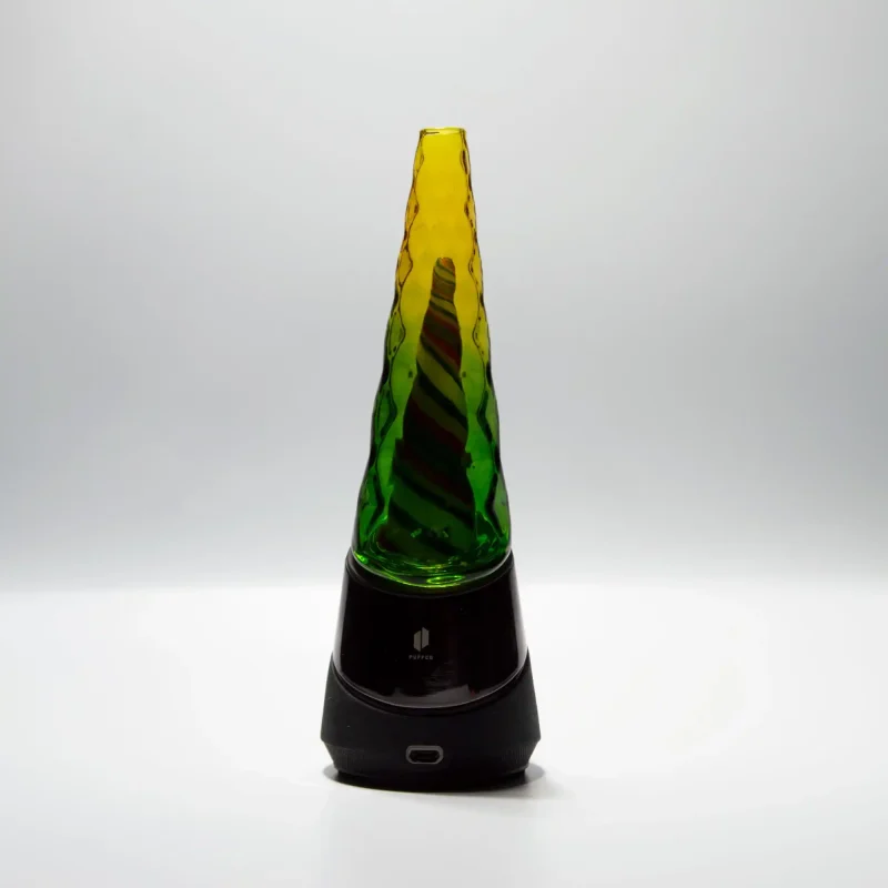 Puffco Peak Pro with Wiidz Dawn glass attachment installed facing south, showcasing vibrant design and functionality.