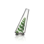 puffco peak pro glass attachment wiidz green twist facing west.webp Puffco Peak Pro glass attachment in Wiidz green twist design, elegantly facing west, showcasing its unique craftsmanship and vibrant colors.