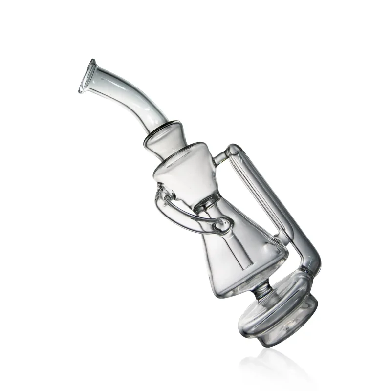 puffco peak pro glass attachment wiidz recycler tilted.webp Puffco Peak Pro glass attachment featuring a Wiidz recycler design, presented at a tilted angle for a unique perspective.